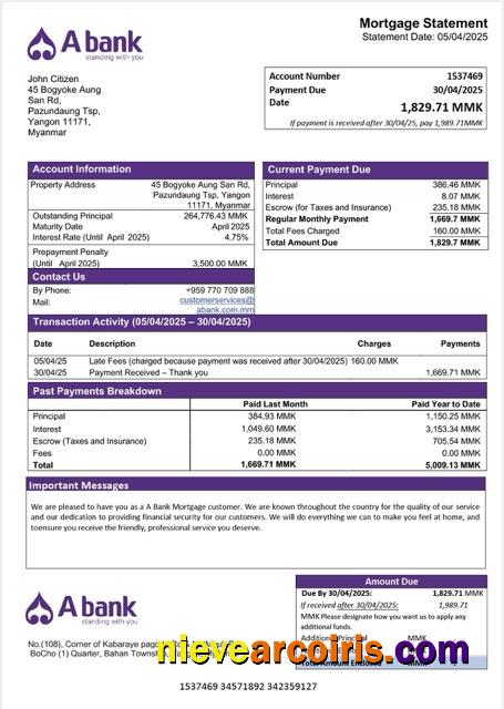Myanmar A Bank mortgage statement Word and PDF template